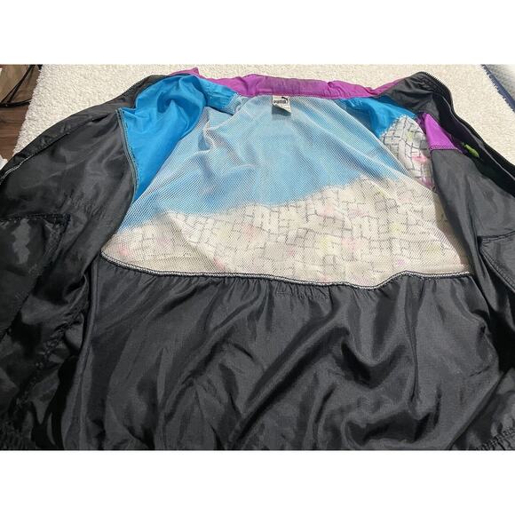VTG Puma 80s Track Jacket Windbreaker Colorblock Neon Womens Medium Black Blue - Picture 6 of 12